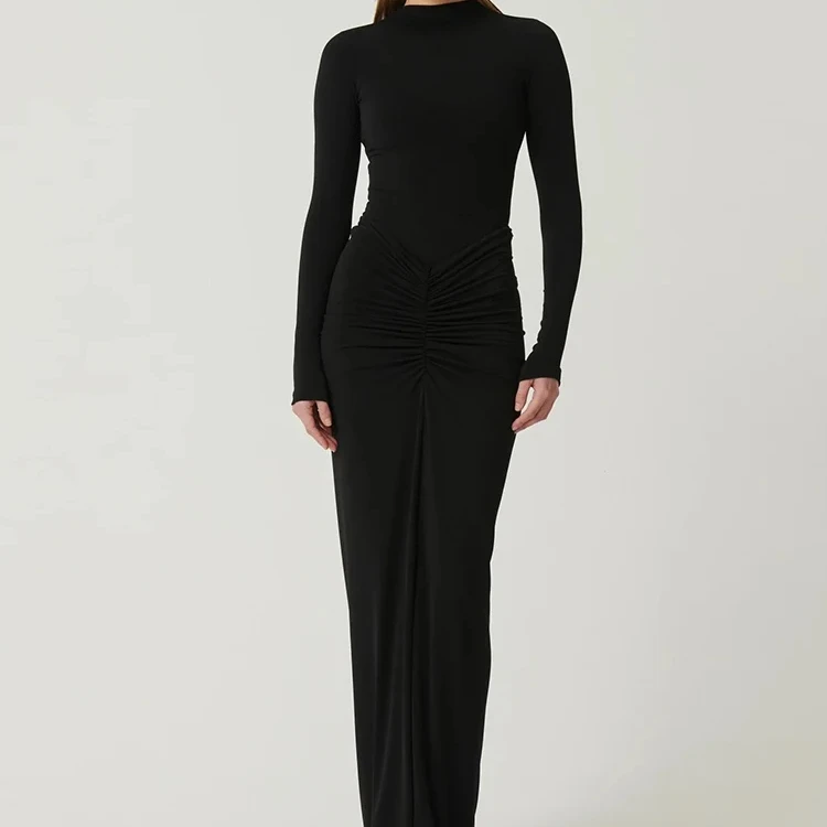 Damska klasyczna sukienka maxi z marszczeniami, nowa jesienna, gładka, z długim rękawem, wysoki kołnierz, modelująca sylwetkę, sukienki damskie, zwięzła, modna szata.