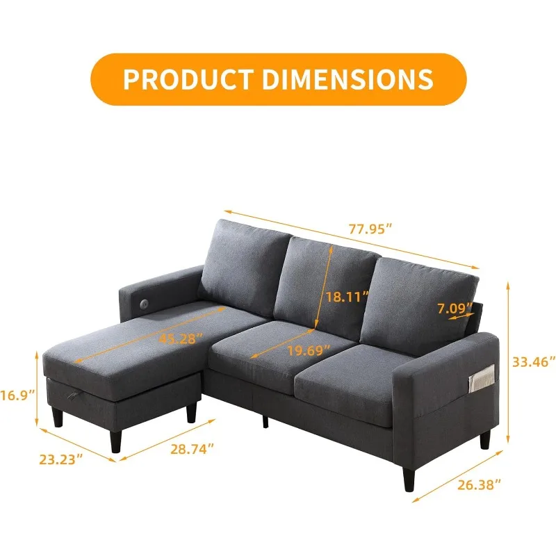 Sectional Couches for Living Room, L-Shaped Couch 3 Seats Sofas with Storage Chaise & TPC Charging Port,