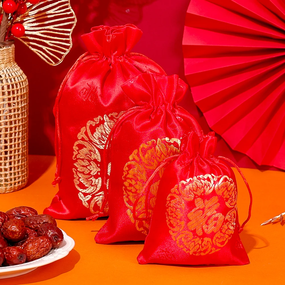 New Year Lucky Bags Jewelry Drawstring Pouch Cookie Candy Gift Bags Wedding Christmas Party Gift Packaging Chinese Silk Fu Bag