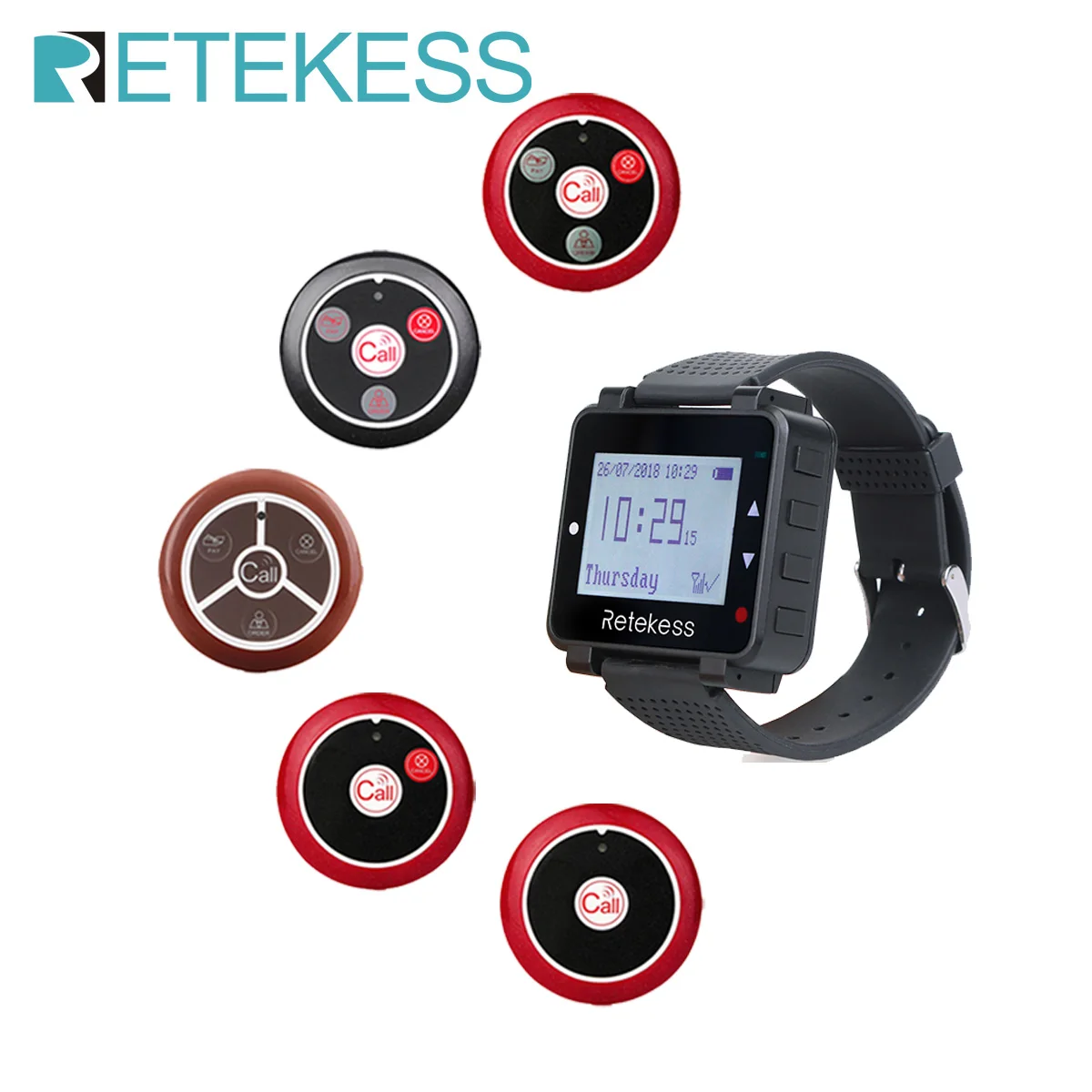 

Retekess Hookah Wireless Waiter Calling System Restaurant Pager T128 Watch Receiver+5 T117 Call Button Customer Service For Cafe