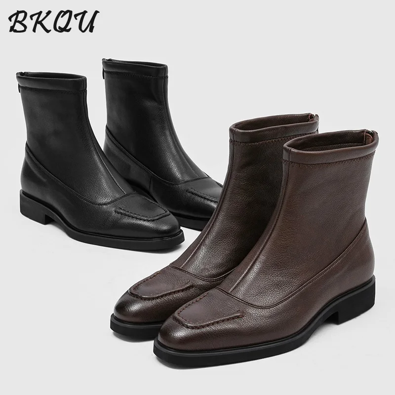 

BKQU Ankle Boots for Men Chelsea Style Winter 2025 Model Mid-calf Thick Sole Funnel-shaped Reinforced with Zipper At The Back