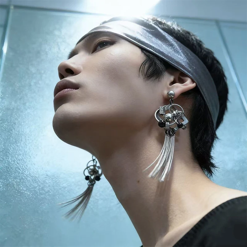Punk Style Geometric Assembled Jewelry Accessories Ear Dangle for Men and Women, Unique Statement Earring with Tassel Design