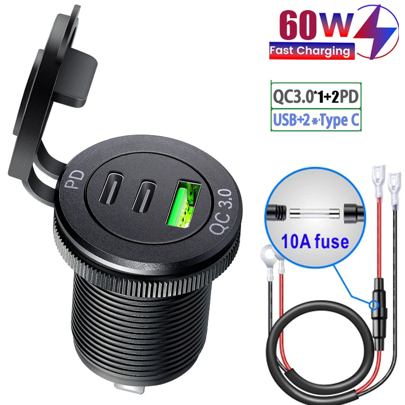 Usb sockets 12v outdoor caravan QC 3.0 USB & PD Type-C Triple Socket 12-24V Car Charger Waterproof for Car Boat Marine RV