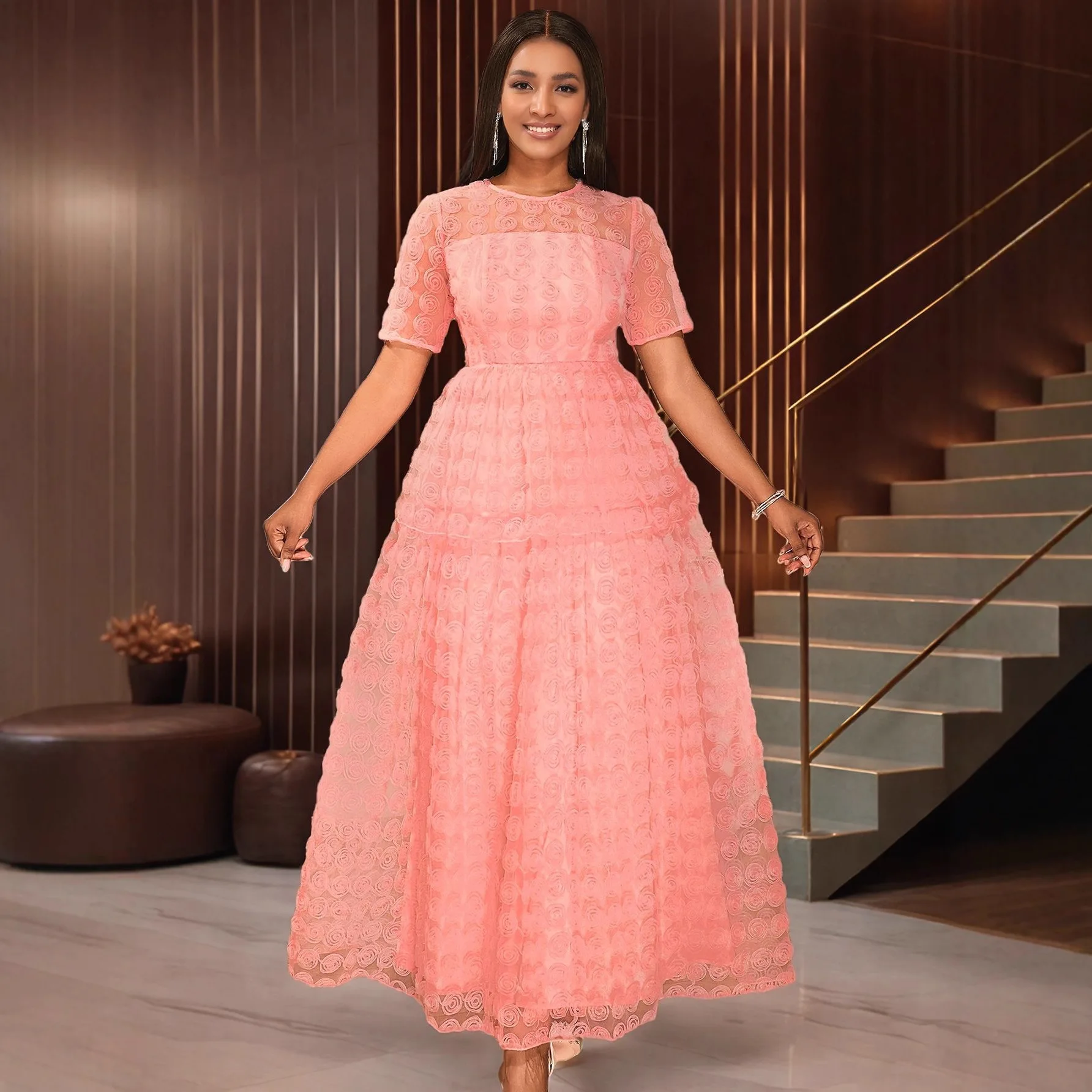 

New summer high-end see-through round-neck dress with three-dimensional mesh patterns and elegant party dress dresses