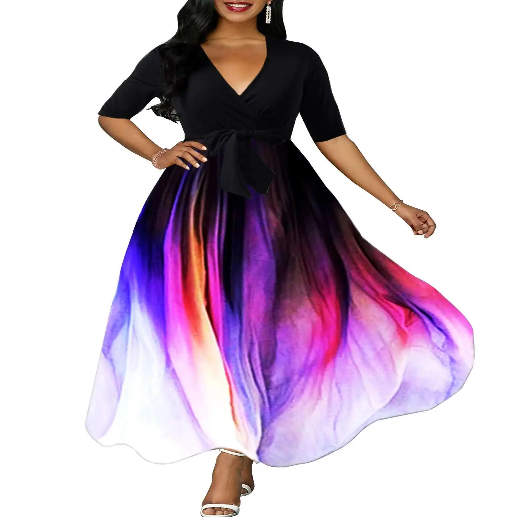 

Slim Printed Fit Elegant Mid Sleeve Waistband Plus Size Dress Sexy V-neck Patchwork Long Skirt Party Summer Elegantes Casual Y2k