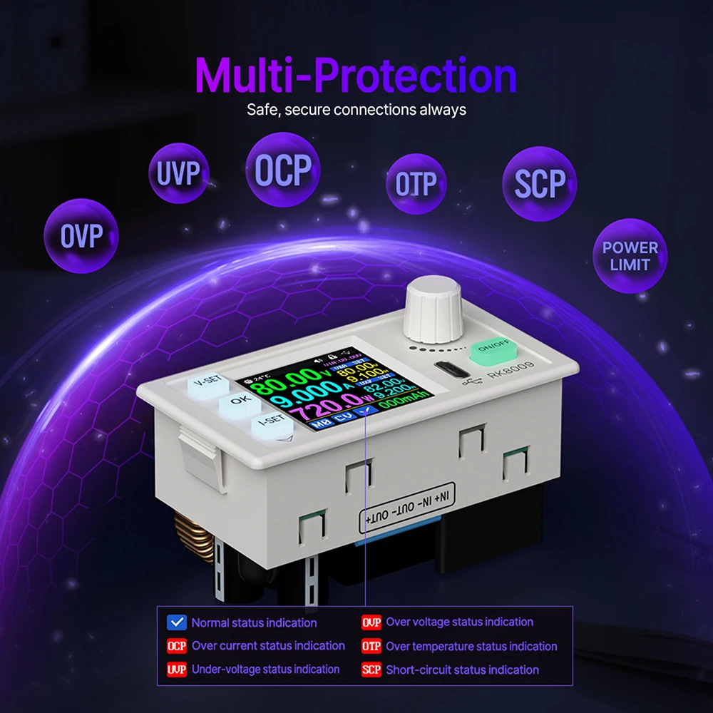 RK8009 RK8009-BT 1.54'' DC Digital Step-down Power Supply 0-80V 0-9A Adjustable 720W Constant Voltage/Current &Timer Function