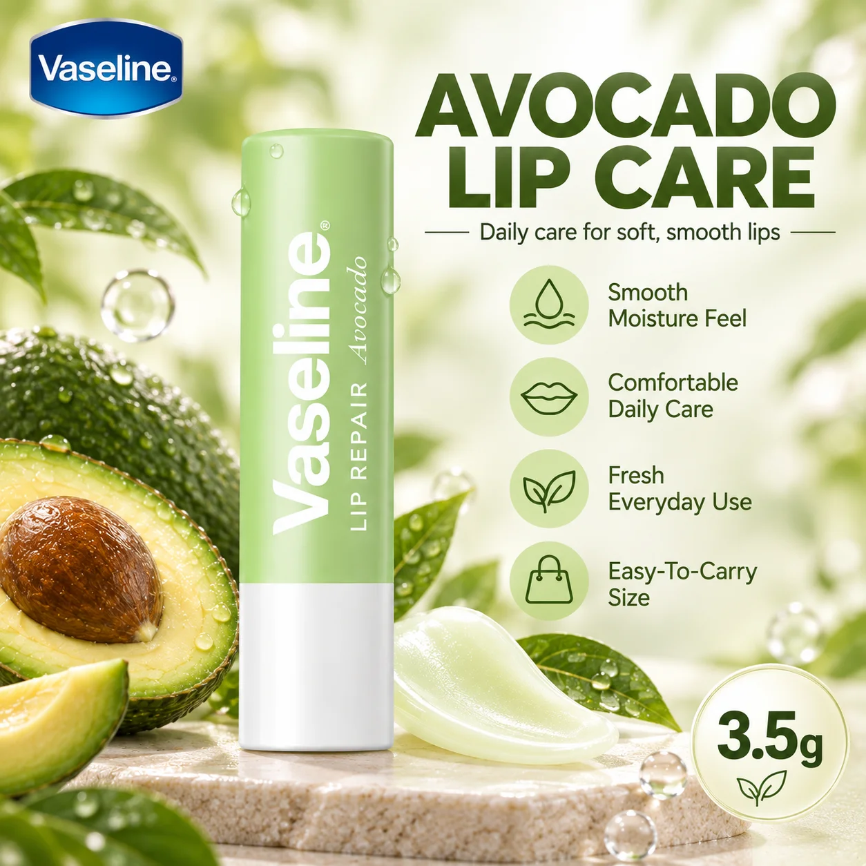 Vaseline Hand Nail & Lip Care Set 3Pcs, Original & Avocado Lip Balm + Hand Nail Cream, Seasonal Moisture Christmas Gift