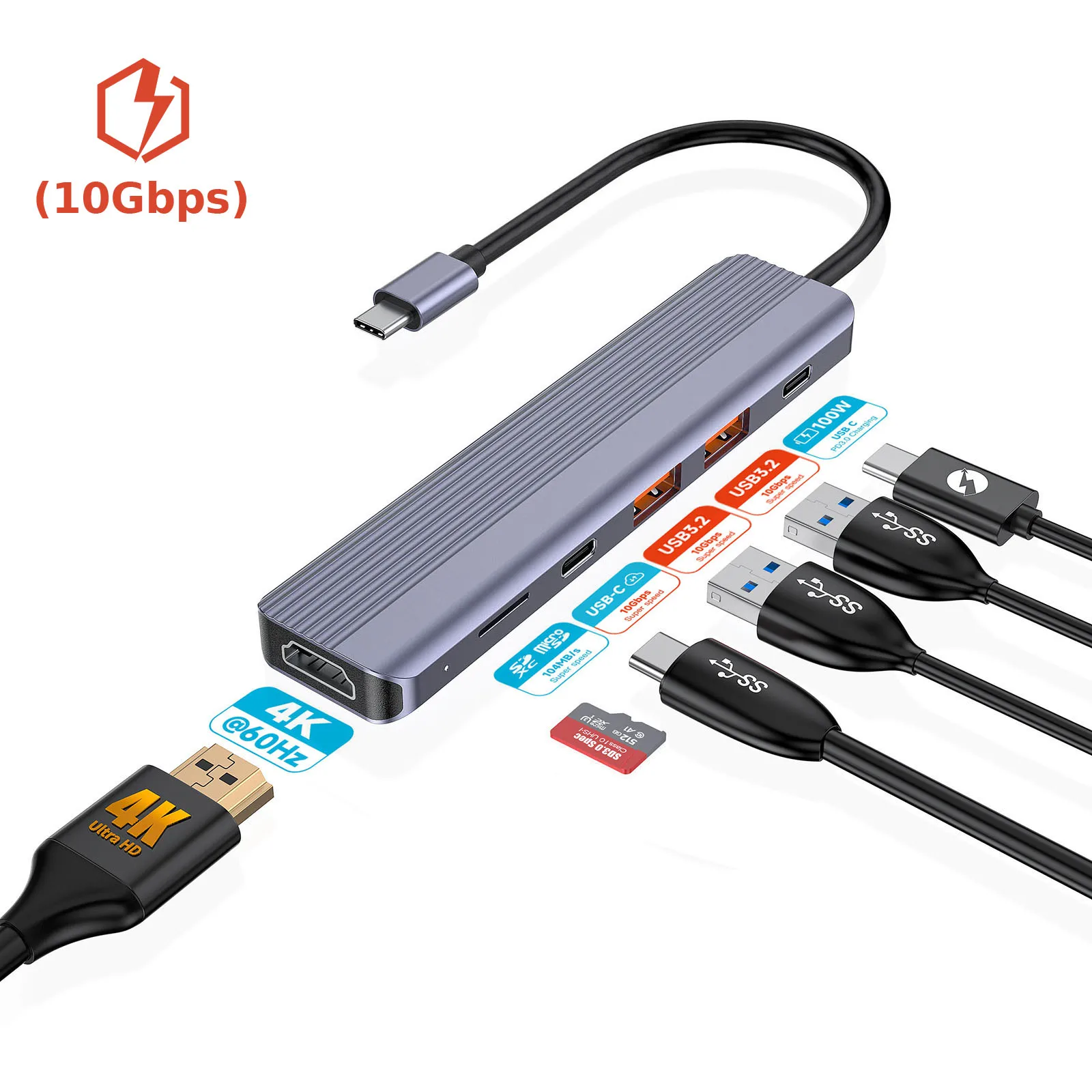 

FORIDA USB-концентратор с быстрой передачей C, 6 портов, 10 Гбит/с, USB-концентратор 3,2, 2 шт., тип C, USB A, 4K60HZ, HDMI 100 Вт, PD, адаптер для зарядки для портативных ПК