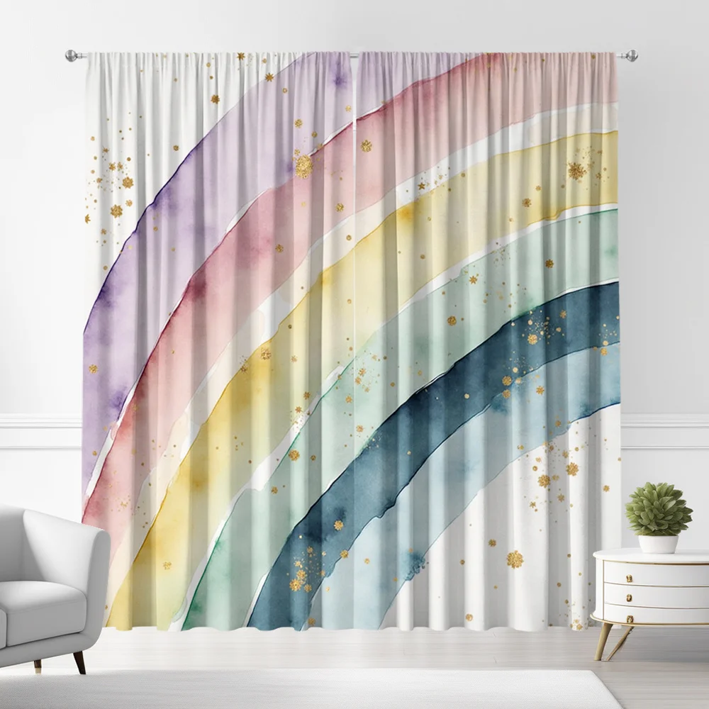 Aesthetic Rainbow Watercolor Abstract Curtain Panels Boho Wash Curtains for Living Room Bedroom Window Decor Drapery