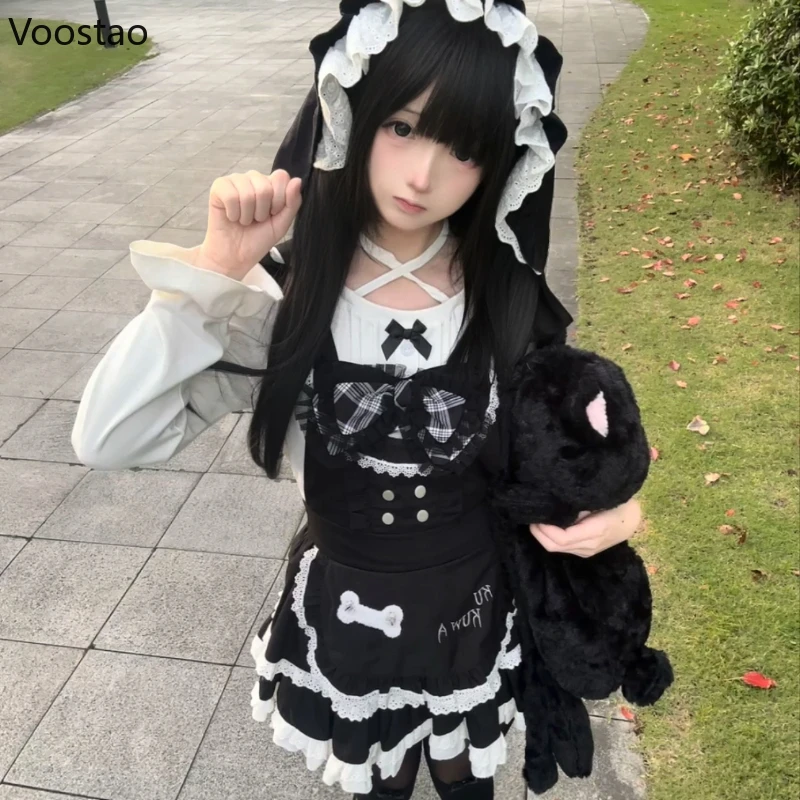 

Женские футболки с длинными рукавами и принтом кота Kawaii, кружевные оборки, платье с ремешком из мультфильма, костюм, корейская одежда, комплект в готическом стиле Y2k в стиле Лолиты