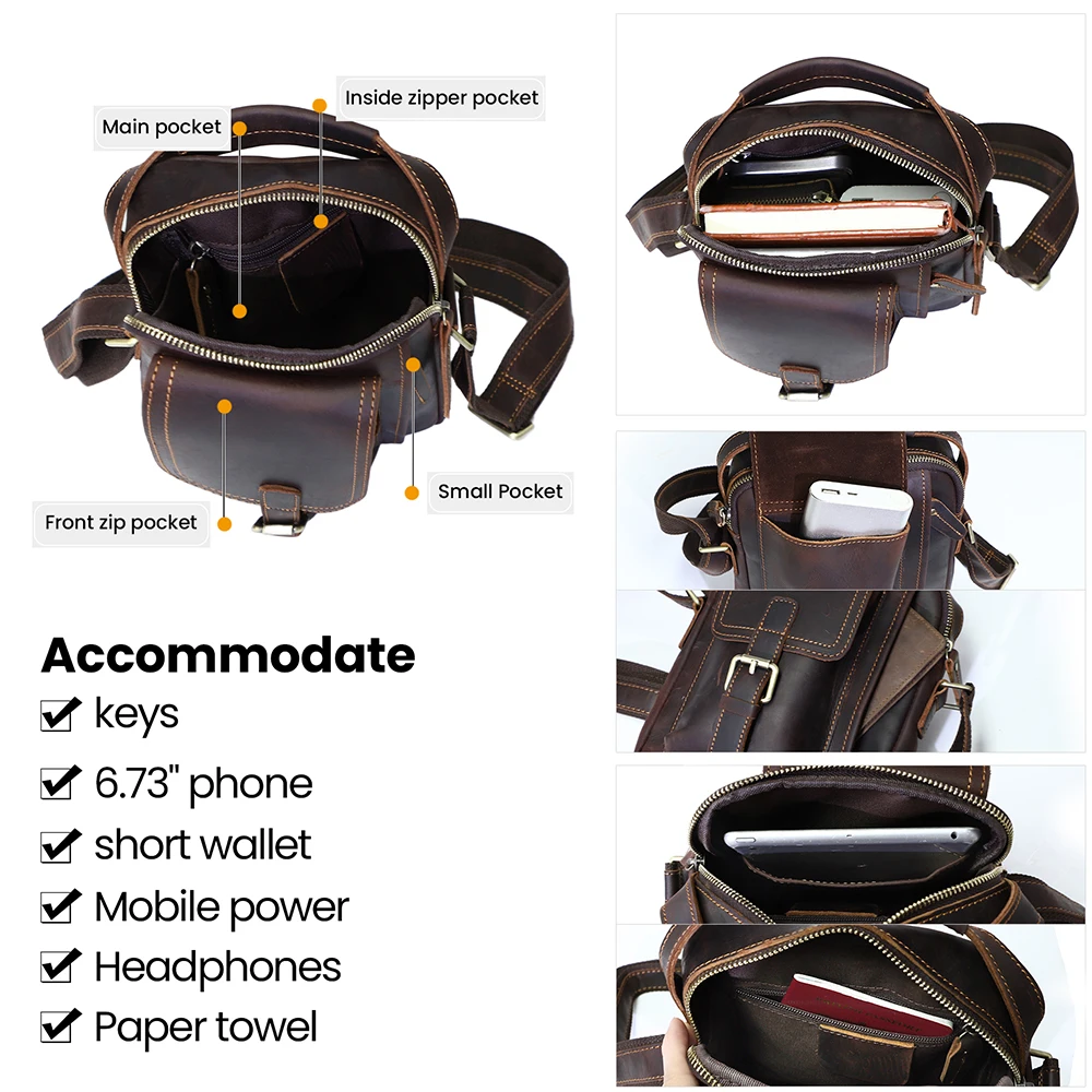 New Men's Bag Crazy Horse Men's Shoulder Bag Crossbody Bag Multi functional Genuine Leather Bag