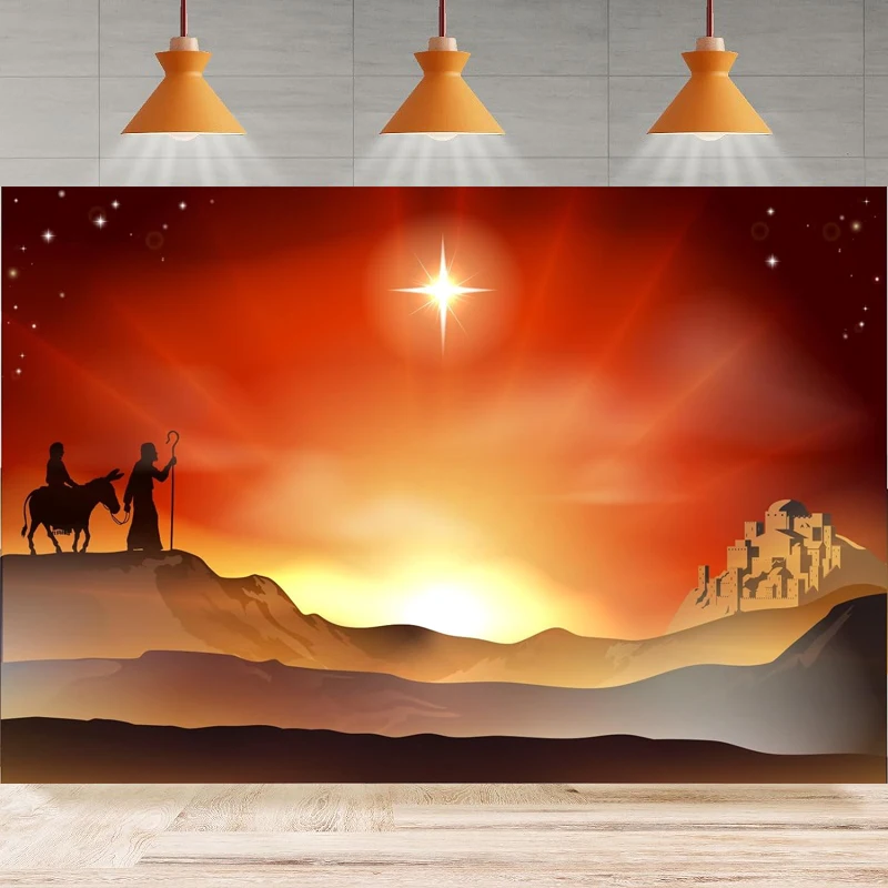 Nativity Christmas Photography Backdrop Mary And Joseph with Donkey Background Christ Child Birth Of Jesus Party Backdrop Wall