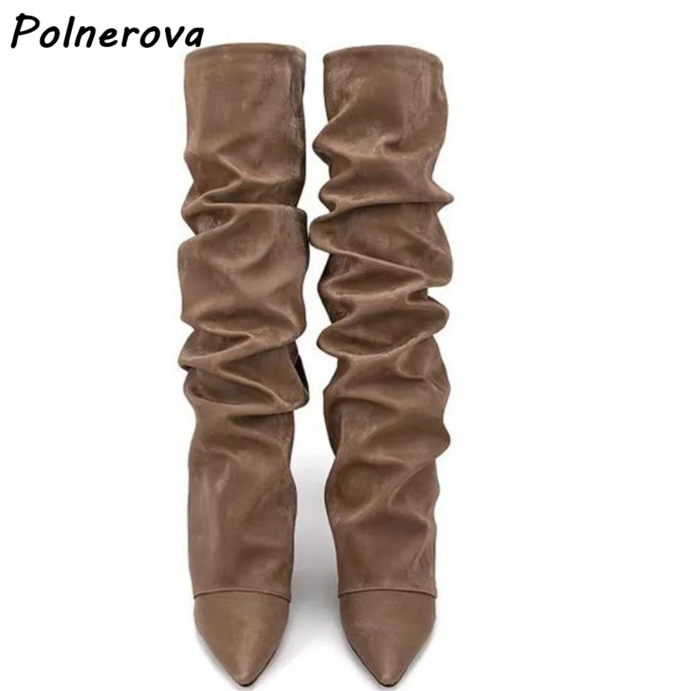 Pleated Turn Over Edged Boots Slip On Pointy Toe Wedges Fashion Knee High Solid Boots Women Winter Warm Concise All Match Shoes