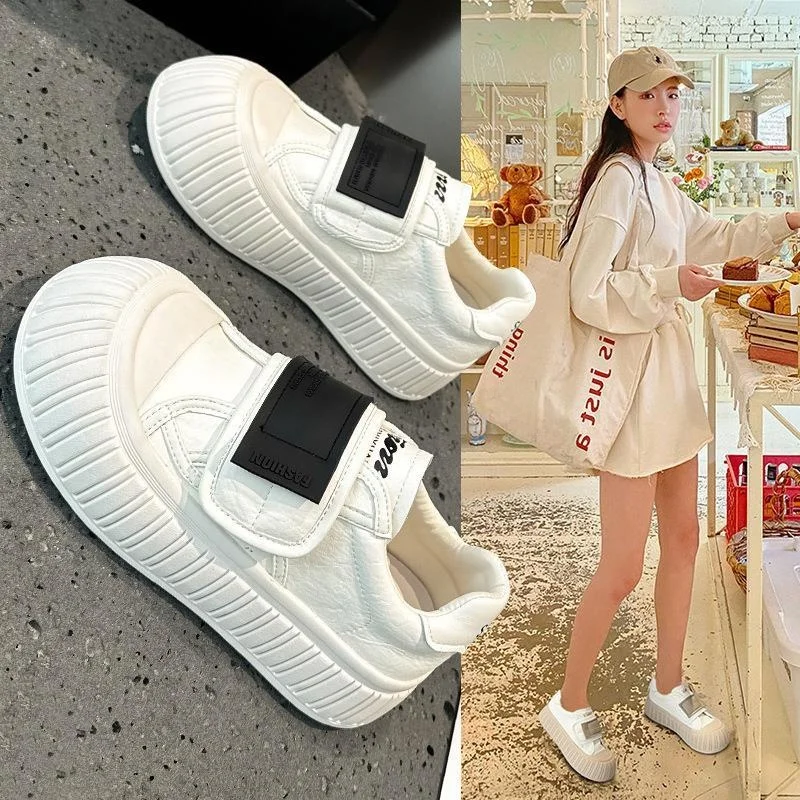 

Casual Thick Bottomed Leather Slip-On Shoes with Heightening Magic Tape Flat Bottomed Versatile Comfortable Rubber Soled