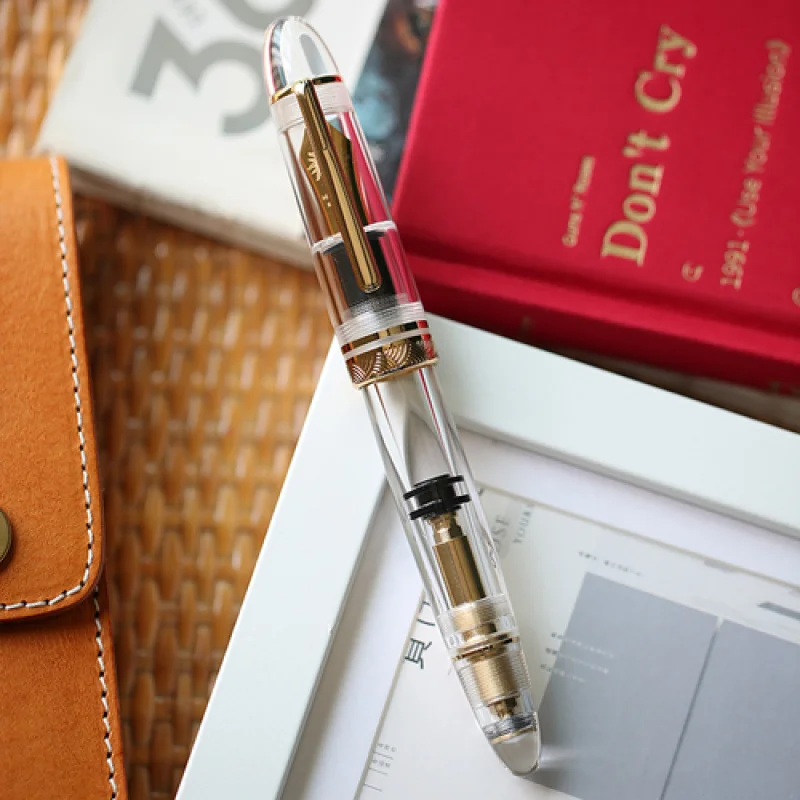 Pluma estilográfica de pistón A+ Majohn P140 NO.8 F/M, pluma de escritura acrílica transparente