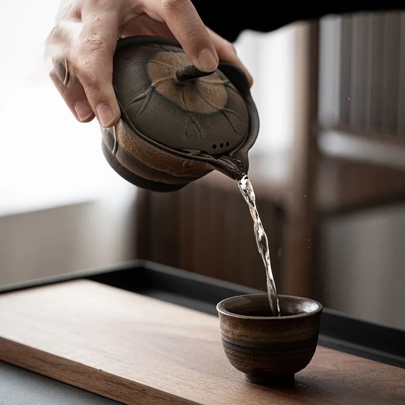 Gaiwan Infuser Old Rock Mud Raw Ore Vintage Rough Pottery Cover Bowl Yixing Hand Held Pot Single Tea Making Set Non Hot Kung Fu