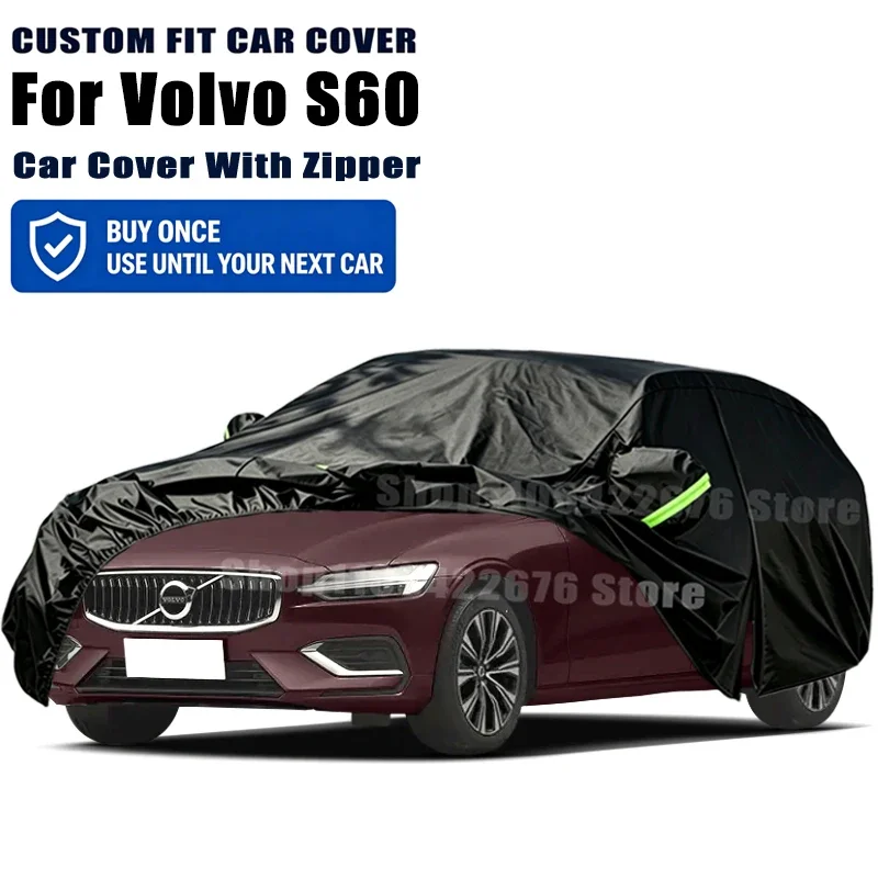 For Volvo S60 Outdoor Full Car Cover With Zipper Snow Cover Sunshade Waterproof Dustproof Exterior Protection