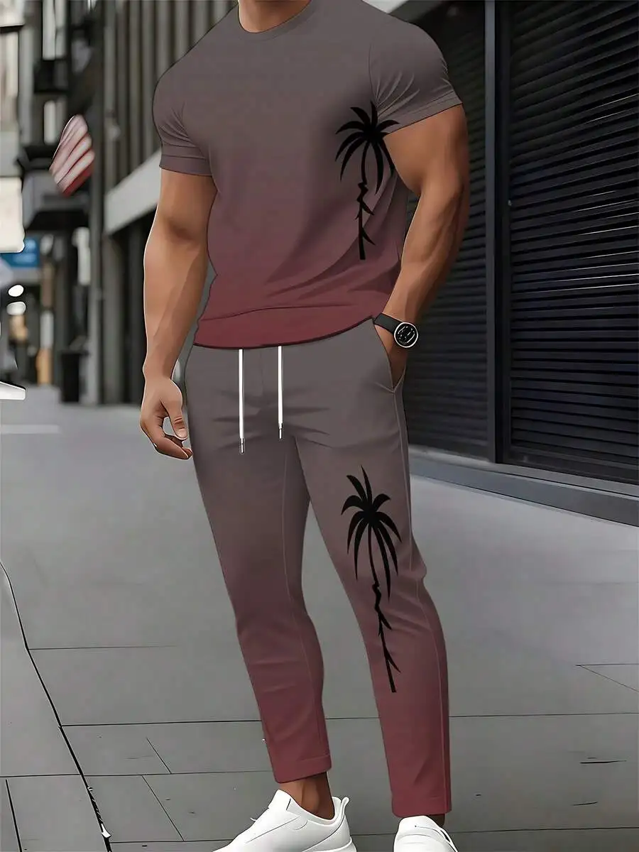

Mens Gradient Brown Short Sleeve T-Shirt And Jogger Pants Set With Black Palm Tree Print For Casual Wear