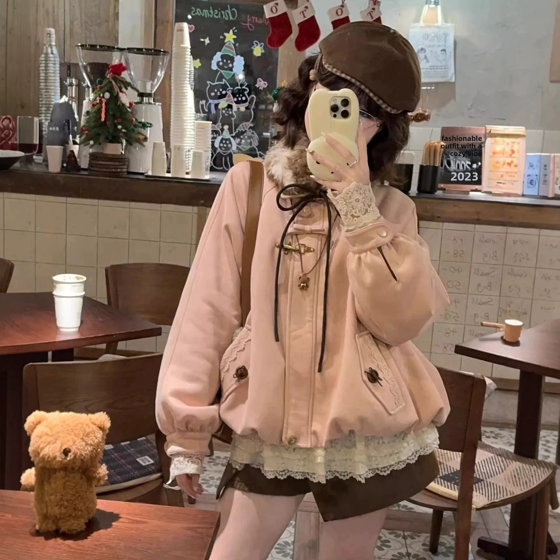 Retro Cute College Style Women's Thickened Fluffy Collar Deer Skin Velvet Cotton Jacket Loose Outerwear Winter Small Size