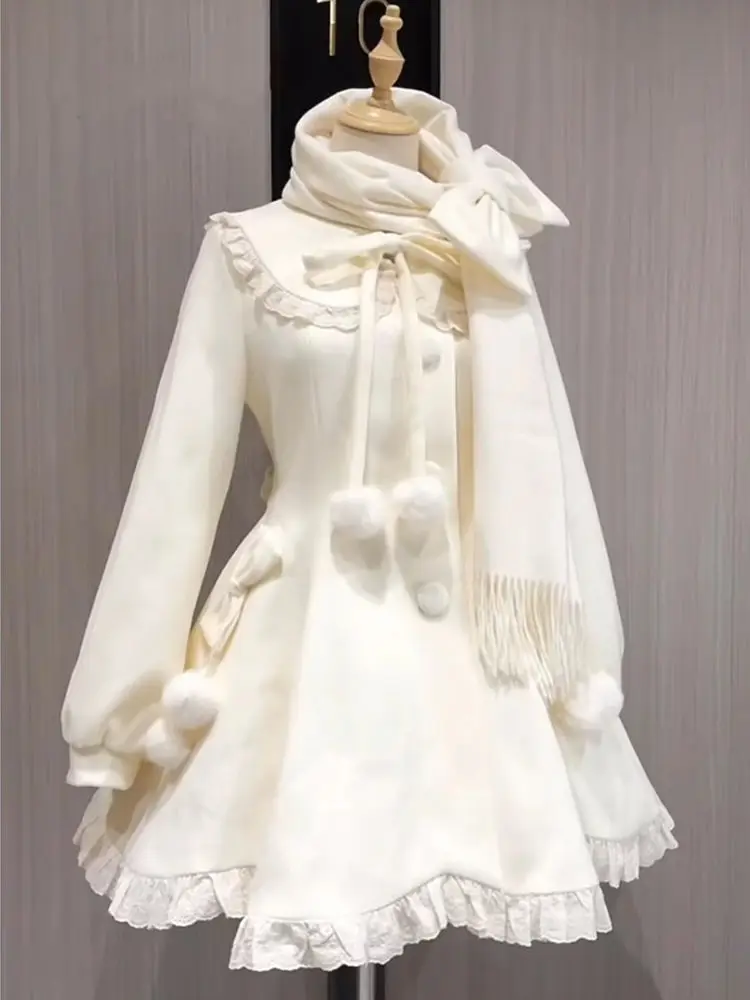 Sweet Autumn Winter Bow Tie Wool Coat Women Solid Scarf Patchwork Two-piece Set Elegant Design Slim Fitting Wool Clothing 2025