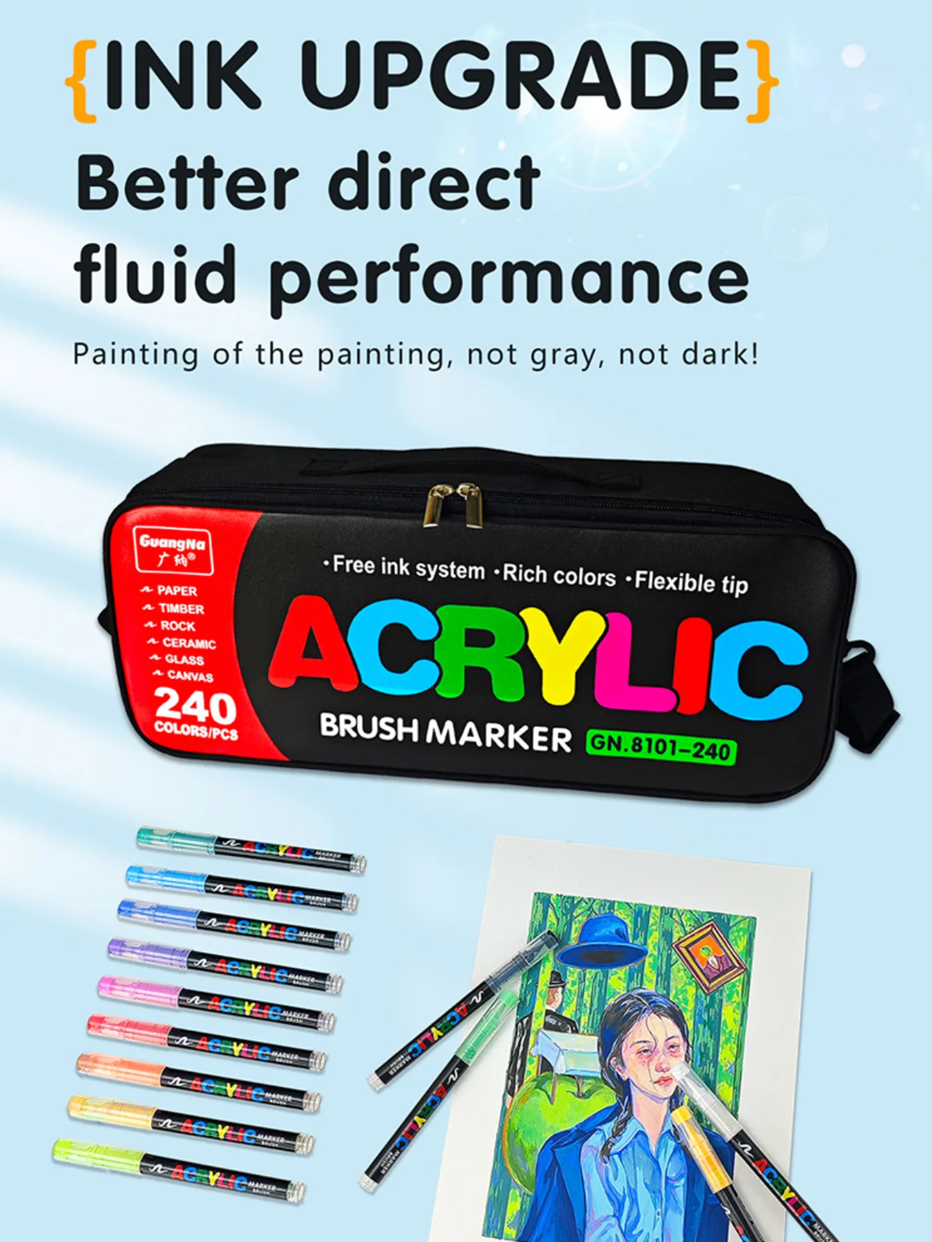 مجموعة GuangNa مكونة من 240 لونًا من علامات طلاء الأكريليك وفرشاة طرف الطلاء لطلاء الصخور هدية المهرجان أقلام فنية ذاتية الصنع تأتي مع حقيبة تخزين