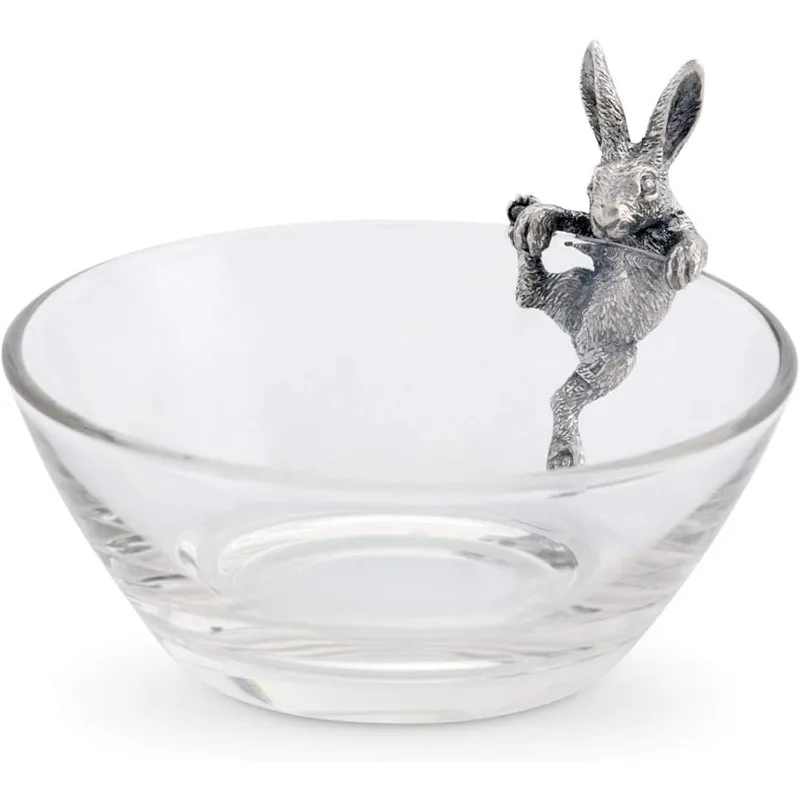 Glass Dip/Candy/Snack Bowl With Pewter Climbing Bunny Candy Dish 5 Inch Diameter 3.5 Inch Tall - Perfect Dishes For Easter