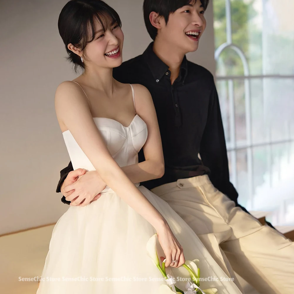 Vestidos de boda sencillos con forma de corazón, sesión de fotos de tul, corsé sin mangas de Corea, vestido de novia con tirantes finos personalizado