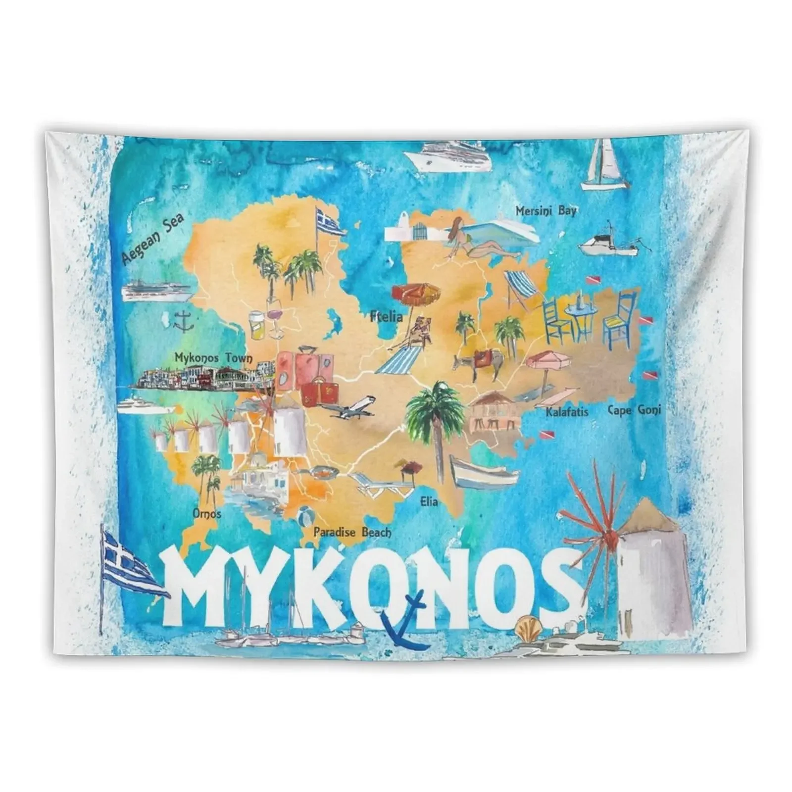 

Mykonos Greece Illustrated Map with Main Roads Landmarks and Highlights Tapestry Wall Decor Hanging Tapestry