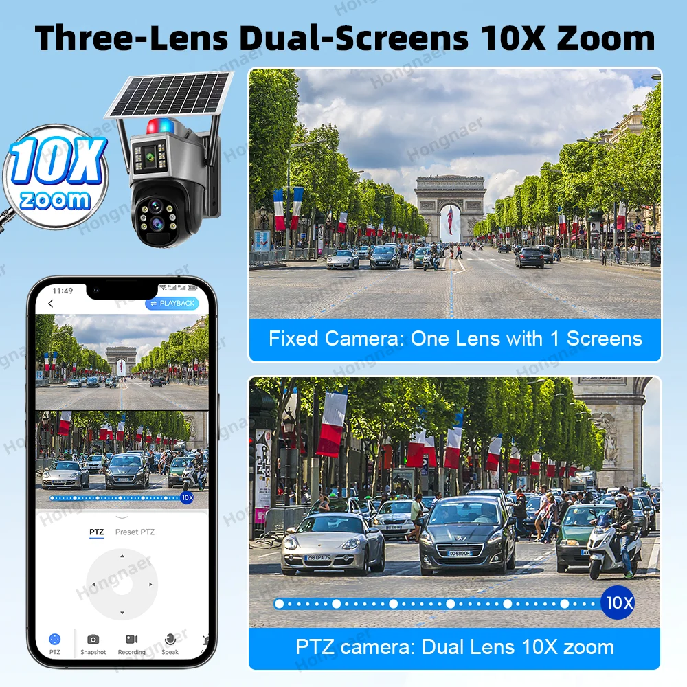 Hongnaer 12MP 6K V380 Pro 10X Zoom Three Lens Wireless Smart Solar Powered Panel CCTV PTZ Outdoor WiFi Security Solar Camera