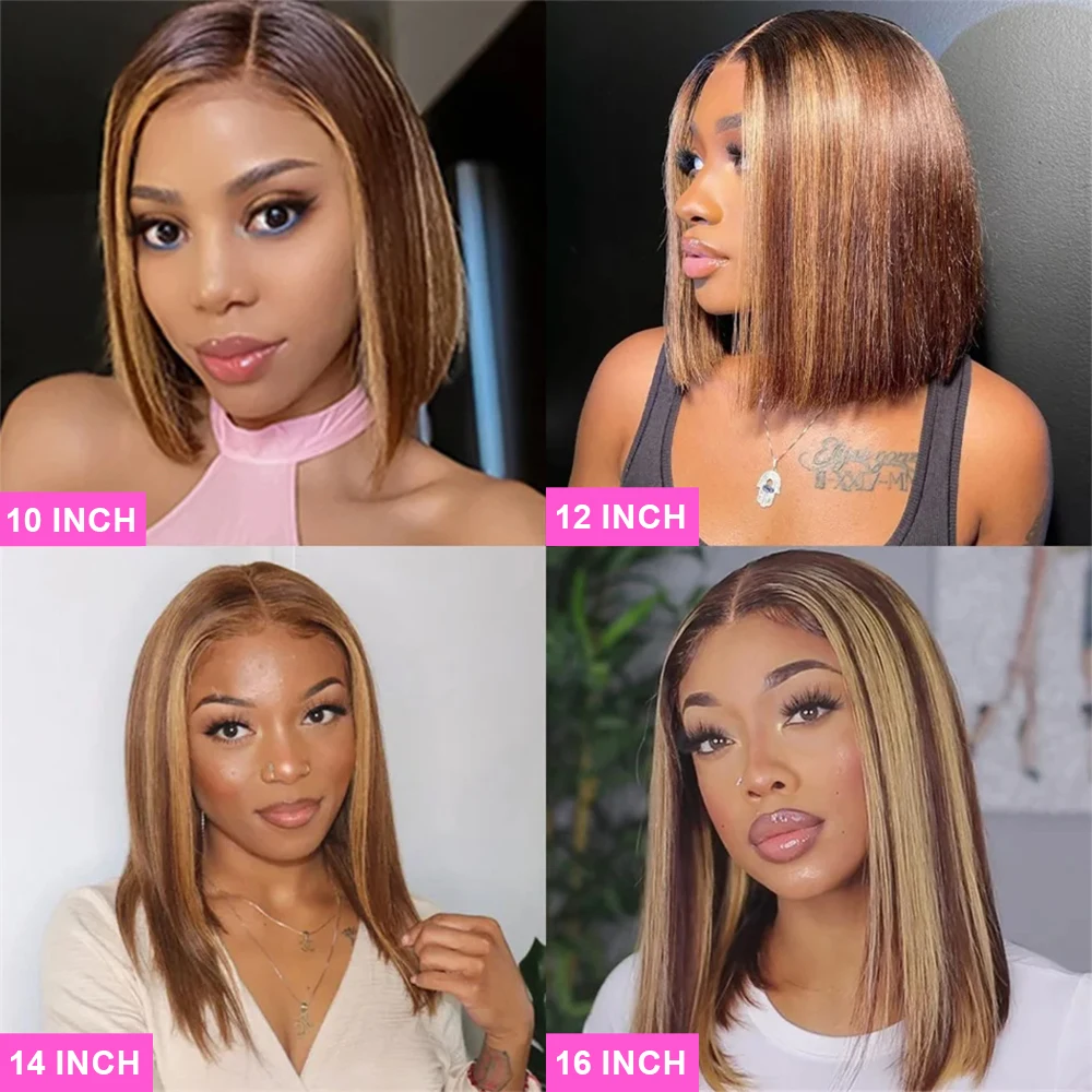 Perruque Bob Lace Frontal Wig sans colle, cheveux naturels lisses, courts, à reflets, P4/27, couleur 7x5, 13x4, HD, prêtes à porter