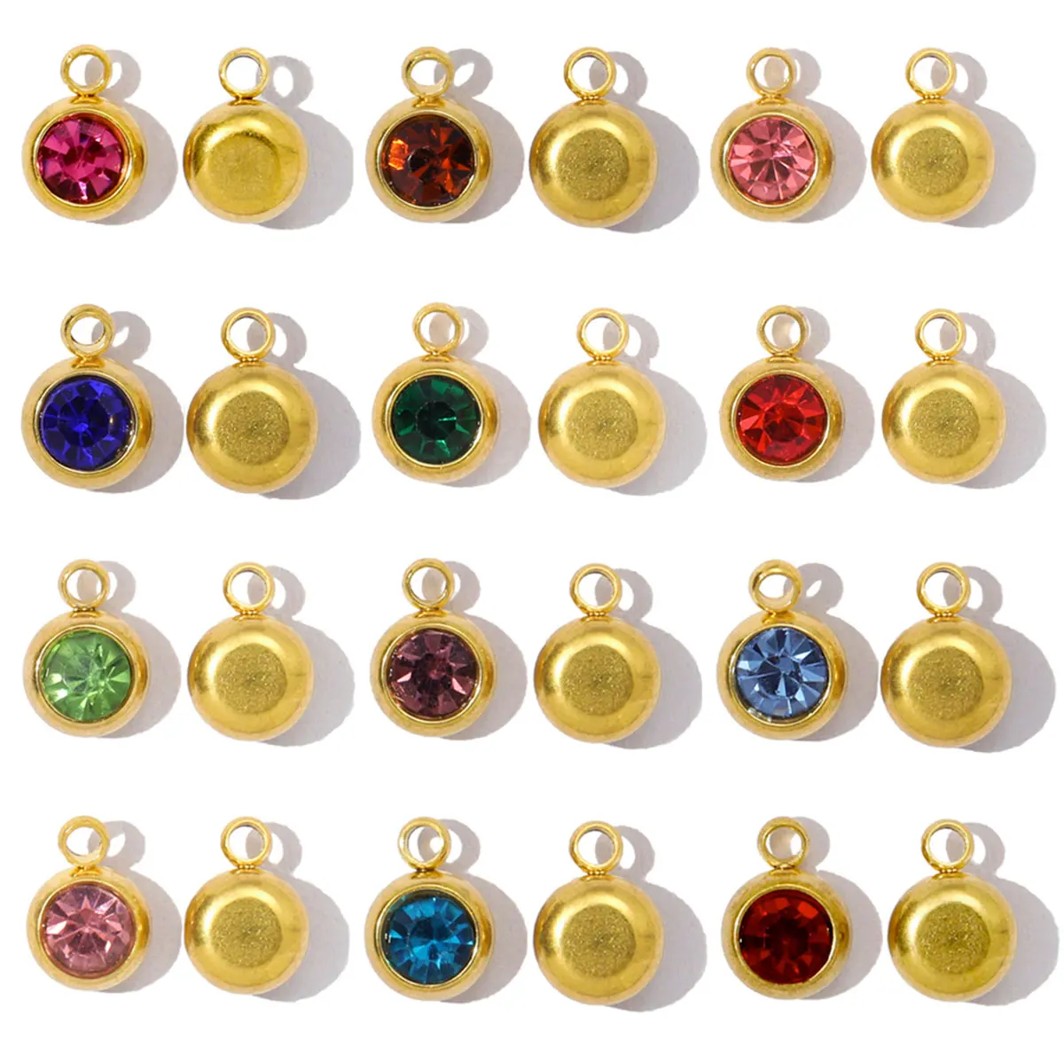30pcs/Lot Gold Color Stainless Steel Tiny Birthstone DIY Charm Lucky Rhinestone Crystal Round Necklace Pendants Women Gift Jewel