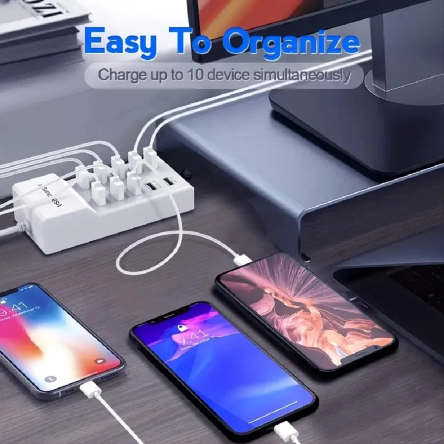 50W 10-Port(6 USB+4 Type-c)Charger 5V2.4A Smart Device Desktop Multi-port Charging Station For Apple Android System Mobile phone