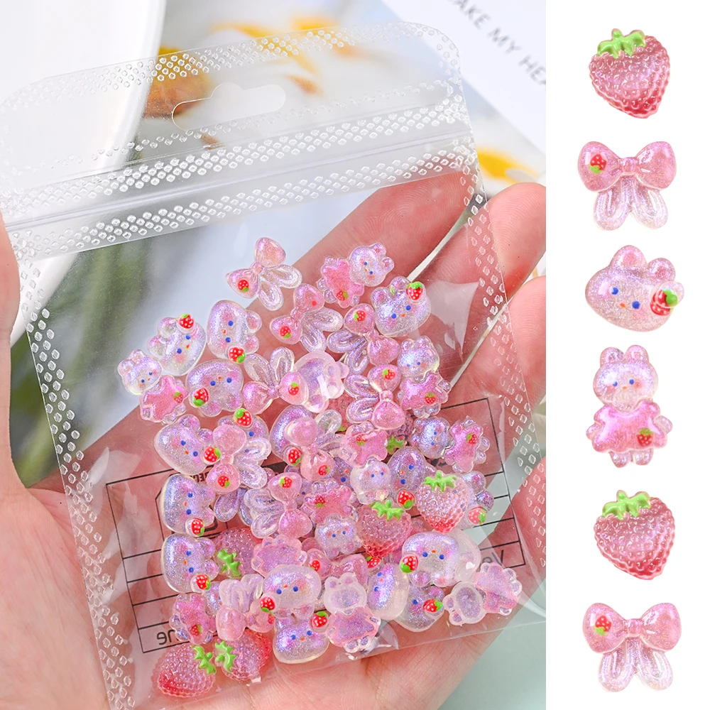 50pcs 3D Kawaii Rabbit Nail Art Charms Supplies Cute Pink Aurora Bow Rabbit Strawberry DIY Manicure Decor Nail Decoration Parts
