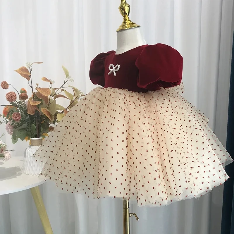 New Kids Dresses For birthday Party Wedding Dress wine red velvet Teen Children Pageant Gown baby Girls Princess Tulle Dress