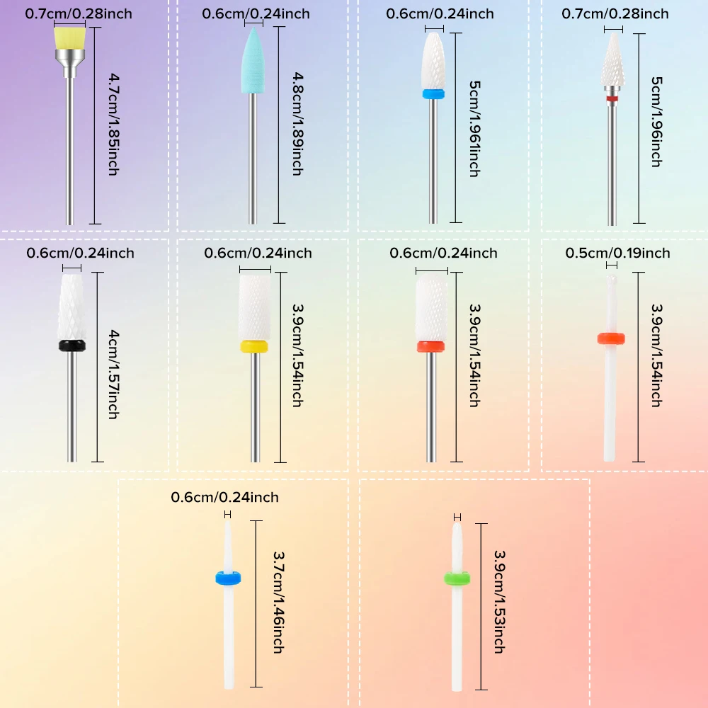 Electric Nail Drill Bit Set, Arquivo de cutícula, Unhas de acrílico cerâmico Gel, Manicure Pedicure, Home Salon, 3 pol, 32 pol, 10 PCs
