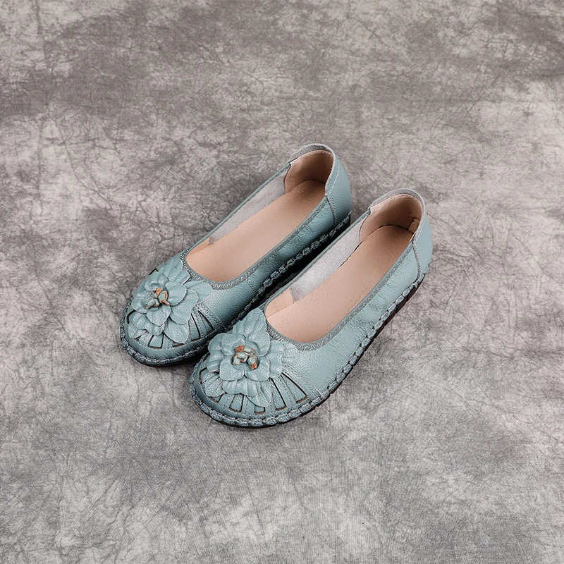 Picture 7: Hand Stitched Genuine Leather Ballet Flats Women's 3D Flower Anti Slip Moccasins Elderly Lady Ethnic Loafer Mother Walking Shoes