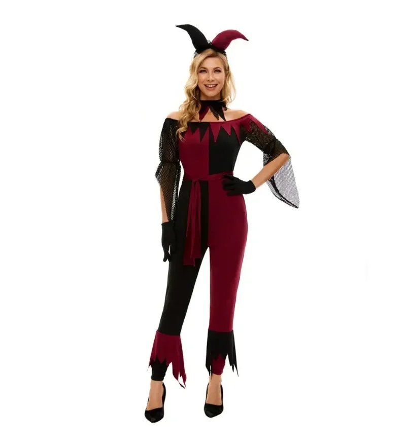 

Жуткий костюм клоуна для взрослых на Хэллоуин, кровавый цирковой клоун, комбинезон шута, нарядное платье для ролевых игр, женские костюмы