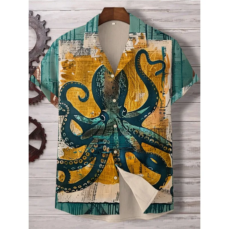 Men's Octopus Tentacles Art Graphic Print Short Sleeve Shirt Harajuku Shirt Summer Hipster Button Down Casual Shirt Holiday Tops