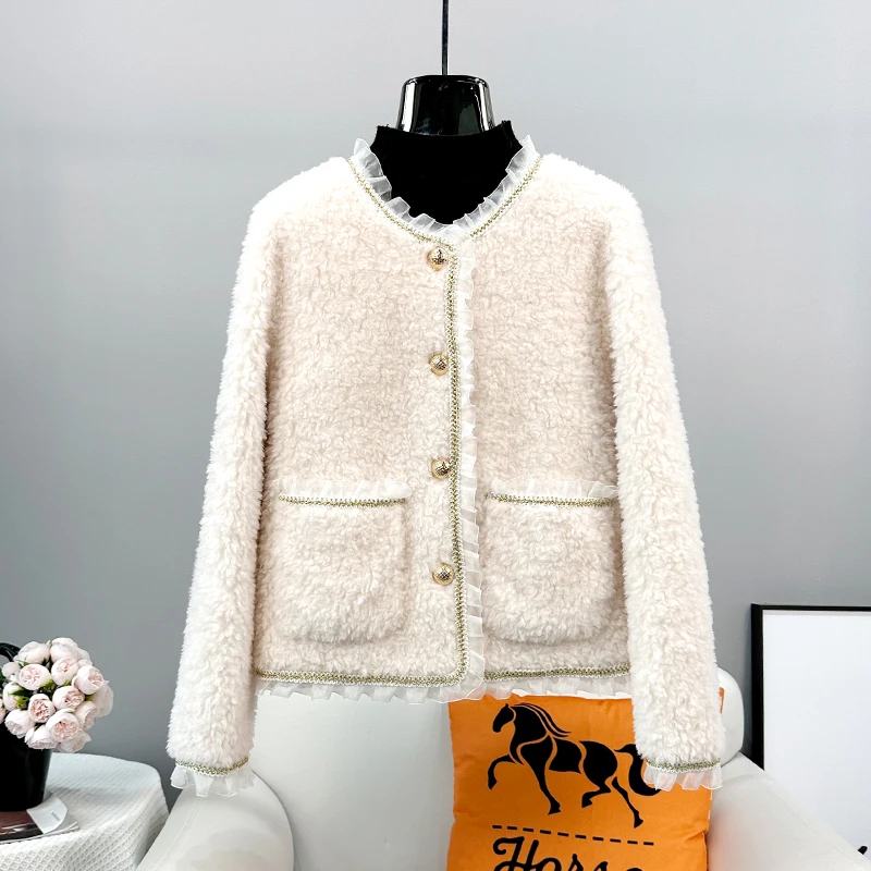 Women Lady Real Wool Fur Lace Jacket Female Girl Sheep Shearling Warm Winter Sweet Coat Parka JT3391