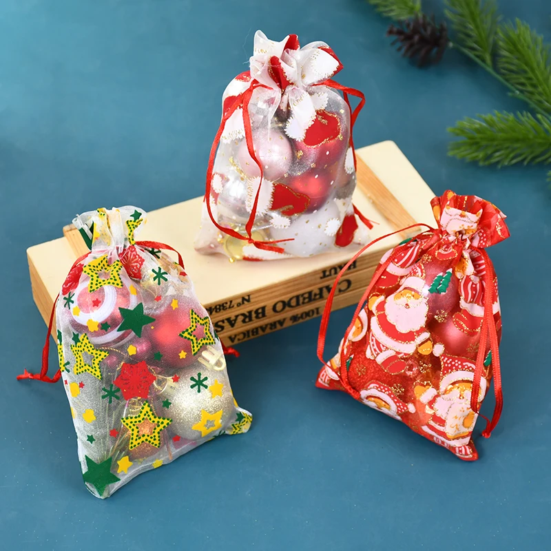 10pcs 15x10cm Mixed Christmas Organza Bags Santa Claus Christmas Tree Printed Candy Gift Bags Jewelry Packing Drawstring Pouches