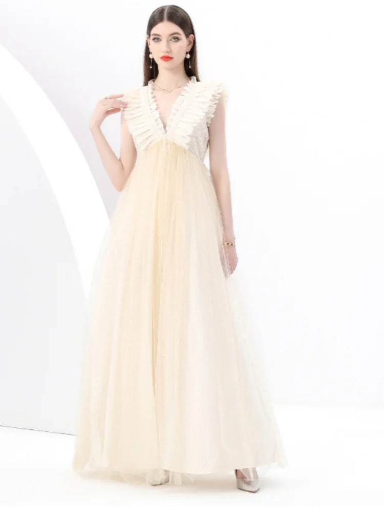

SMTHMA Women's Sexy V Neck Sleeveless Mech Spliced Evening Dress Female Party Dress New Fashion Elegant Bohemian Long Dresses