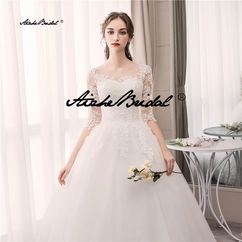 فستان الزفاف التطريز الدانتيل يصل حجم كبير مخصص س الرقبة فساتين الزفاف نصف كم الكرة ثوب رداء دي ماري