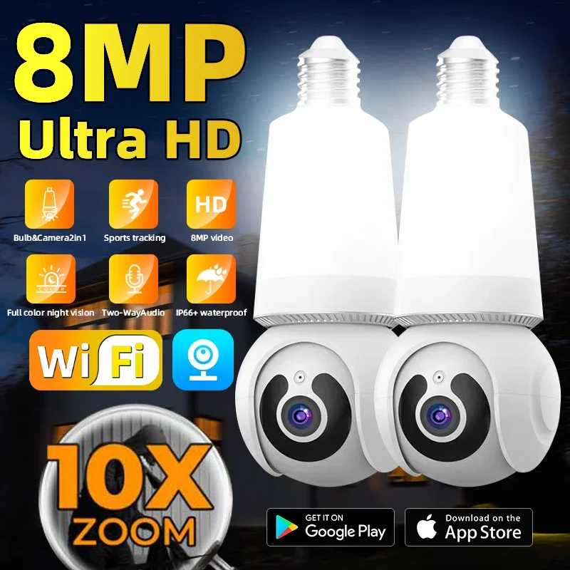 8MP E27 Bulb Wifi Surveillance Camera Wireless Automatic Human Tracking Security Baby Monitor Color Night Vision CCTV IP Camera