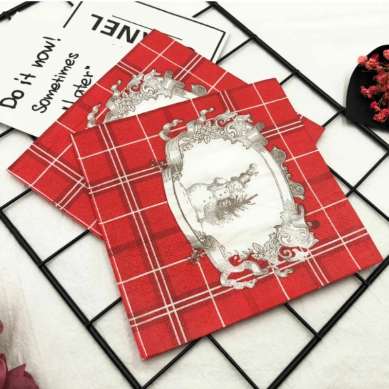 ColorfulPrinted Napkins Christmas Plaid Cartoon Snowman Christmas Festival Party Tissue Paper Wine Glass Folding Paper wholesale