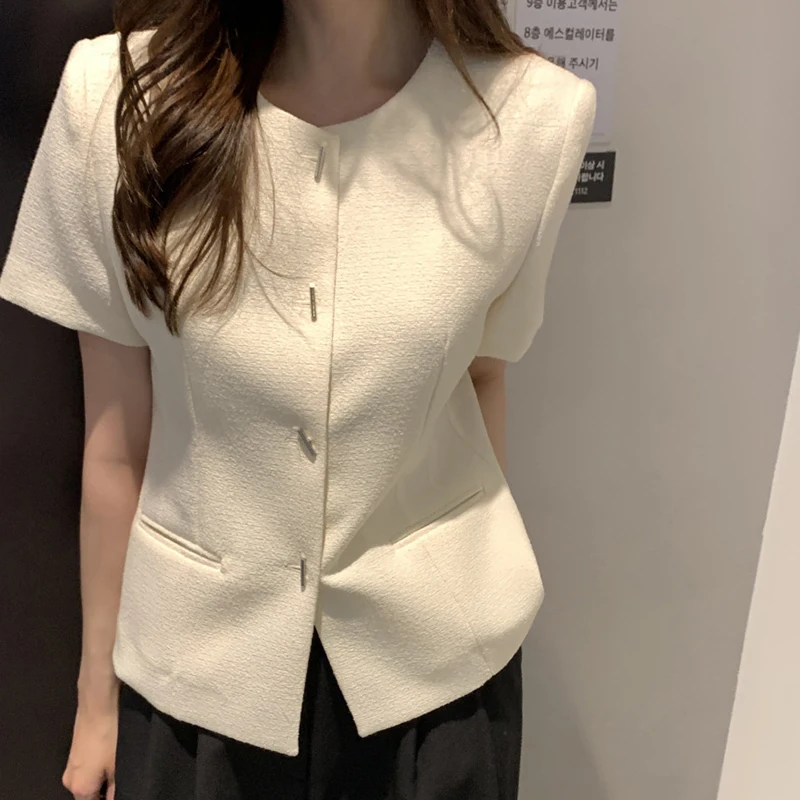 

French Style Elegant Coat For Women Vintage High End O Neck All-match s Summer Slimming Short Sleeve Lady