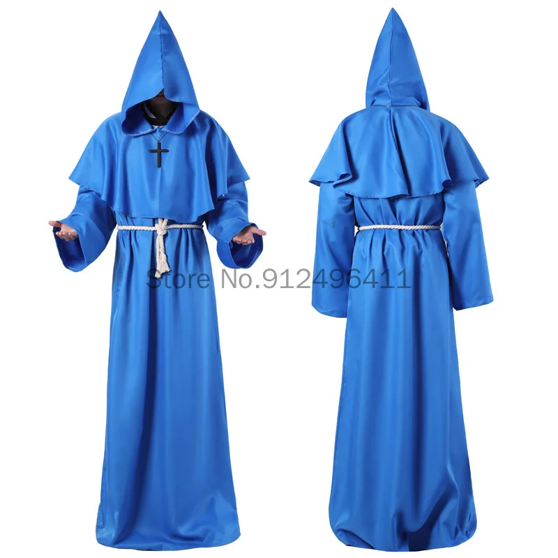 Halloween Costume Men Women Vintage Renaissance Monk Medieval Cosplay Cowl Friar Priest Hooded Robe Rope Cloak Cape