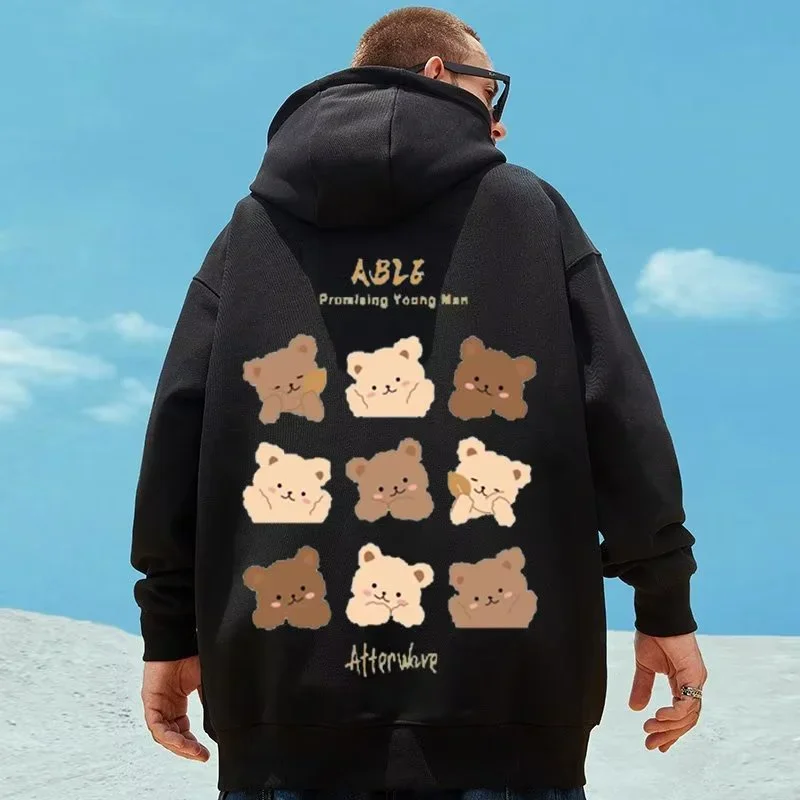 M-8XL American Style Street Brown Cute Bear Print Oversized Hoodie Couple Hoodie Student\'s Large Soft Velvet Hooded Sweater