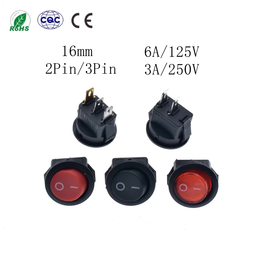 100pcs 16mm 2 PINS/3 PINS  2 Position ON/OFF SPST Round Rocker Switch 3A/250V 6A/125V AC Red/Black