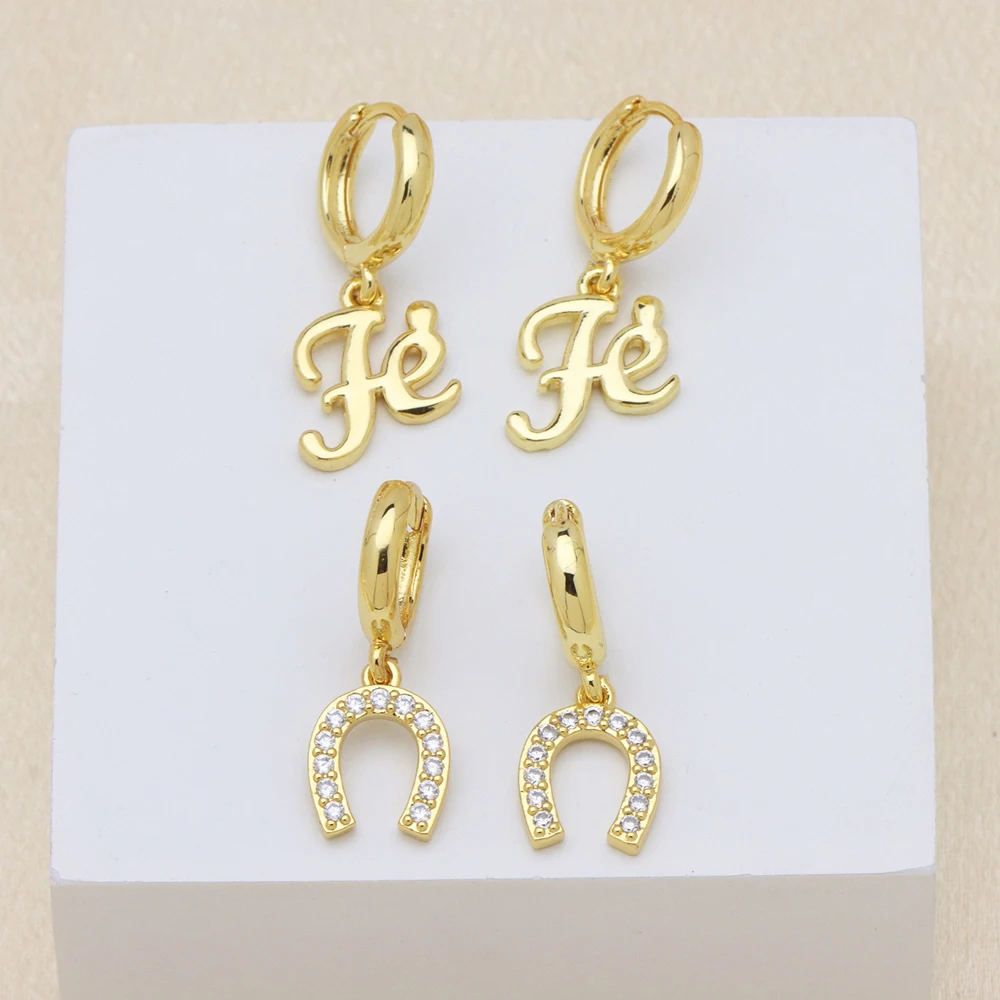 5 pair/lot Hot Selling Trendy Multi Style Gold Plated Brass CZ Religious Horseshoe Boot Cross Virgin Mary Dangle Hoop Earrings