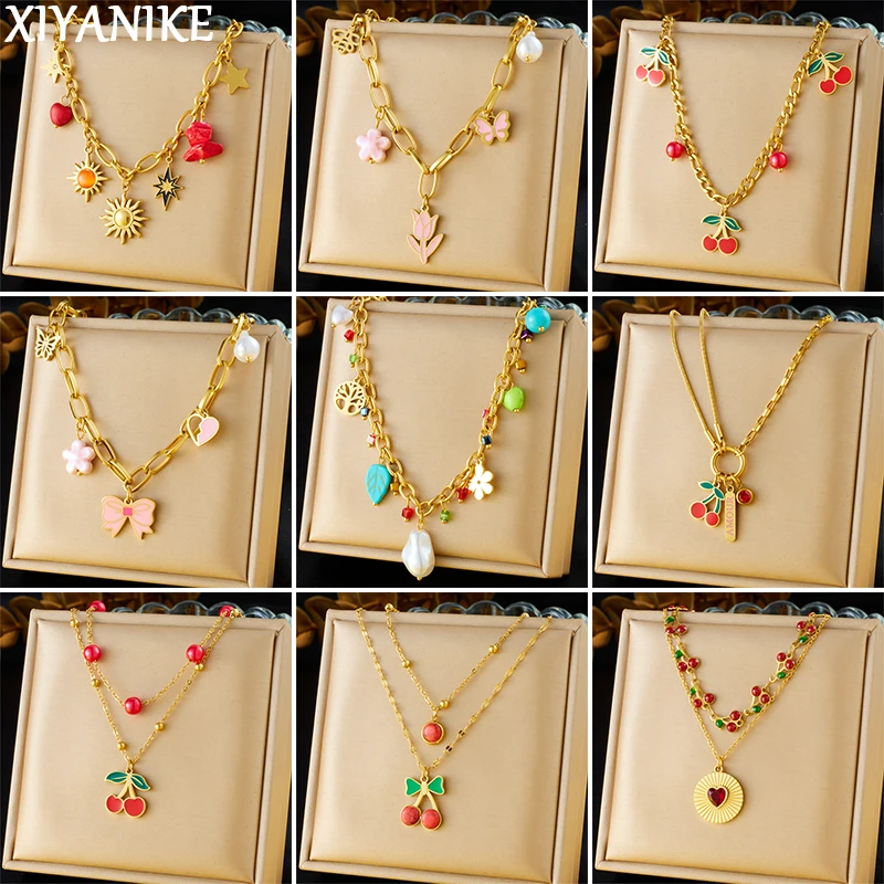 XIYANIKE 316L Stainless Red Cherry Pink Flowers Heart Sun Multiple Types Of Chain Necklaces Women Romantic Fresh Clavicle Chain